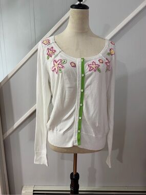 Vintage Lilly Pulitzer Floral Embroidered Beaded Cardigan White Green Size L